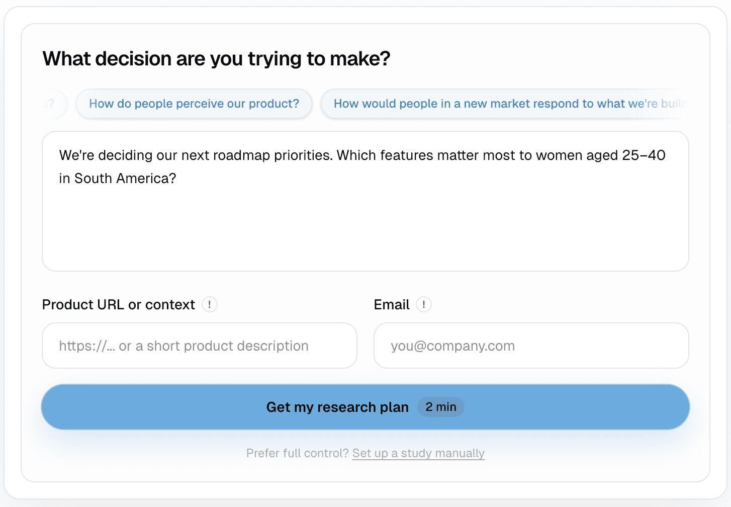 Research brief setup screen